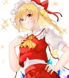 Rule 34 | 1girl, blonde hair, bow, flandre scarlet, from below, hand on own hip, hat, highres, jacket, koroyarou, neckerchief, red bow, red eyes, red jacket, red skirt, shirt, skirt, sleeves rolled up, smile, solo, sparkle background, touhou, white background, white hat, white shirt, yellow neckerchief