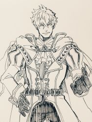 Rule 34 | 1boy, alternate costume, armor, belt, cape, earrings, fate/prototype, fate/prototype: fragments of blue and silver, fate (series), gloves, greyscale, highres, jewelry, koryuu (gackter10), looking at viewer, lucius tiberius (fate), male focus, messy hair, monochrome, sketch, solo, teeth