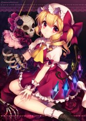 Rule 34 | 1girl, ascot, bow, flandre scarlet, flower, hat, hat bow, highres, loafers, looking at viewer, masaru.jp, mob cap, puffy short sleeves, puffy sleeves, red eyes, red flower, red rose, rose, sash, shirt, shoes, short sleeves, side ponytail, sitting, skeleton, skirt, skirt set, skull, solo, string, string of fate, touhou, vest, wings, wrist cuffs, yokozuwari