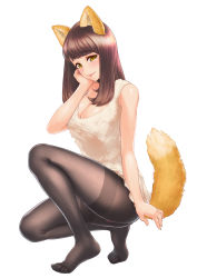 Rule 34 | 1girl, animal ears, breasts, brown hair, cleavage, eyelashes, fluffy, fox ears, fox girl, fox tail, hand on own cheek, hand on own face, highres, kabeu mariko, lips, looking at viewer, medium breasts, medium hair, original, panties, panties over pantyhose, pantyhose, pink panties, simple background, smile, solo, squatting, tail, thighband pantyhose, toes, underwear, white background, yellow eyes