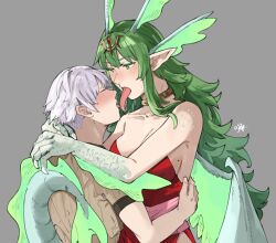 Rule 34 | 1boy, 1girl, alternate hairstyle, blush, breasts, brown shirt, closed eyes, commentary, dragon girl, dragon horns, dragon tail, dragon wings, dress, english commentary, fire emblem, fire emblem awakening, french kiss, green eyes, grey background, grey hair, hair ornament, hetero, highres, horns, hug, kiss, long hair, looking at another, medium breasts, mole, mole on breast, monster girl, nintendo, pointy ears, red dress, ribbed shirt, robin (fire emblem), robin (male) (fire emblem), sakuremi, saliva, saliva trail, scales, shirt, short hair, short sleeves, signature, simple background, strapless, strapless dress, tail, tiki (adult) (fire emblem), tiki (fire emblem), tongue, tongue out, very long hair, white hair, wings