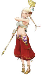 Rule 34 | 1girl, baggy pants, blonde hair, blush, bracer, braid, breasts, collar, conto, final fantasy, final fantasy xii, final fantasy xii revenant wings, fingerless gloves, gloves, hair ornament, highres, hip vent, holding, holding staff, large breasts, long hair, looking at viewer, lowleg, pants, penelo, sideboob, simple background, solo, staff, twin braids, twintails, white background