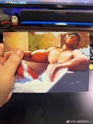 Rule 34 | 1boy, artist&#039;s hand in frame, bad id, bad weibo id, bara, bathing, bathtub, beard stubble, black hair, chest hair, closed eyes, closed mouth, facial hair, feet out of frame, highres, large pectorals, male focus, mature male, muscular, muscular male, nipples, original, pectorals, photo (medium), r.l (2089184064), relaxing, short hair, solo, stubble, thick eyebrows