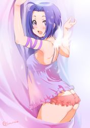 Rule 34 | 1girl, :d, ass, blue hair, blush, breasts, butt crack, flat ass, highres, idolmaster, idolmaster (classic), inoue sora, lingerie, looking at viewer, medium breasts, miura azusa, open mouth, panties, pink panties, purple eyes, revision, short hair, smile, solo, underwear