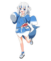 Rule 34 | 1girl, absurdres, blue eyes, blue hair, blue hoodie, blunt bangs, blush, commentary, felutiahime, fins, fish tail, full body, gawr gura, gawr gura (1st costume), hair ornament, hands up, highres, hololive, hololive english, hood, hoodie, long hair, long sleeves, looking at viewer, multicolored hair, open mouth, shark girl, shark hair ornament, shark tail, sharp teeth, shoes, silver hair, simple background, smile, sneakers, solo, streaked hair, tail, teeth, two side up, virtual youtuber, white background, white footwear, wide sleeves