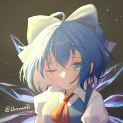 Rule 34 | 1girl, blue bow, blue dress, blue eyes, blue hair, bow, cirno, closed mouth, collared shirt, dress, fairy, hair between eyes, hair bow, highres, ice, ice wings, lbcirno9, one eye closed, portrait, puffy short sleeves, puffy sleeves, shirt, short hair, short sleeves, smile, solo, touhou, twitter username, white shirt, wings