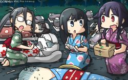 Rule 34 | 6+girls, abyssal ship, akagi (kancolle), alternate costume, amagiri (kancolle), animalization, asashio (kancolle), black hair, blanket, blue eyes, bow, bowl, brown eyes, brown hair, cat, cloth, commentary request, dated, first aid kit, floral print, flying sweatdrops, glasses, grey hair, hair bow, hamu koutarou, headgear, highres, holding, japanese clothes, kantai collection, kimono, kitakami (kancolle), kneeling, long hair, low twintails, lying, multiple girls, obi, on back, open mouth, pillow, ponytail, print kimono, purple hair, red eyes, sash, spoon, sunglasses, sweat, taigei (kancolle), tama (kancolle), the yuudachi-like creature, translation request, trembling, turn pale, twintails, wet, white hair, yukata, yuudachi (kancolle)