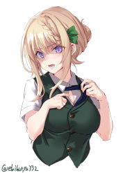 Rule 34 | 1girl, blonde hair, blue necktie, braid, braided bangs, braided bun, breasts, buttons, clothes pull, cropped torso, ebifurya, gesugao, green vest, hair bun, hair ribbon, highres, kantai collection, large breasts, necktie, one-hour drawing challenge, open mouth, perth (kancolle), purple eyes, ribbon, shaded face, shirt pull, short sleeves, sidelocks, simple background, solo, upper body, vest, white background