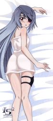Rule 34 | 10s, 1girl, absurdres, ass, bed sheet, blush, dakimakura (medium), eyepatch, full body, grey hair, highres, infinite stratos, infinite stratos 2, laura bodewig, logo, long hair, long image, looking at viewer, lying, naked towel, official art, on stomach, red eyes, shiny skin, solo, tall image, thigh strap, towel