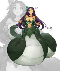Rule 34 | 1girl, absurdres, blush, breasts, closed mouth, fingernails, full body, green nails, green scales, hair ornament, highres, lamia, large breasts, long hair, looking at viewer, monster girl, navel, one eye closed, original, purple eyes, scales, shitoi (aqua1487), translation request, variations, white background, zoom layer