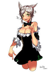 Rule 34 | 1girl, animal ears, bare shoulders, black dress, bow, bowtie, breasts, cat ears, cleavage, collarbone, cowboy shot, dress, dungeon and fighter, eyebrows hidden by hair, frilled dress, frills, green eyes, highres, indu, looking at viewer, medium breasts, open mouth, puffy sleeves, short hair, sidelocks, signature, silver hair, simple background, smile, solo, sparkling eyes, strapless, strapless dress, tan, tanline, teeth