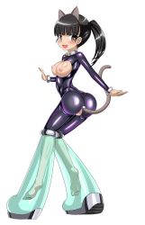 Rule 34 | 1girl, anal tail, animal ears, ass, bdsm, black bodysuit, black hair, blush, bodysuit, bondage, bound, breasts, breasts out, brown eyes, butt plug, cat ears, cat girl, cat tail, cleft of venus, collar, crotchless, cyber (cyber knight), earrings, fake tail, feet, full body, gloves, highres, jewelry, large breasts, long hair, looking at viewer, nipples, open mouth, ponytail, pussy, sakamoto mio, solo, standing, strike witches, tail, uncensored, world witches series