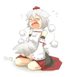 Rule 34 | 1girl, animal ears, bad id, bad pixiv id, bare shoulders, between legs, blush, closed eyes, crying, detached sleeves, fang, hat, inubashiri momiji, ito (itokayu), itokayu, open mouth, pom pom (clothes), red eyes, shirt, silver hair, simple background, sitting, skirt, sobbing, solo, tail, tail between legs, tears, tokin hat, touhou, wariza, white background, white shirt, wolf ears, wolf tail