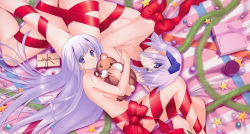 Rule 34 | 2girls, absurdres, breasts, christmas, cryska barchenowa, from above, gift, headgear, highres, indoors, inia sestina, large breasts, long hair, lying, medium breasts, multiple girls, muv-luv, muv-luv alternative, muv-luv total eclipse, naked ribbon, hugging object, on side, purple eyes, purple hair, ribbon, scan, smile, stuffed animal, stuffed toy, teddy bear, underboob