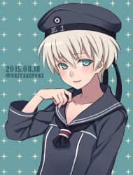 Rule 34 | 10s, 1girl, 2015, bad id, bad twitter id, blue background, blue eyes, clothes writing, collarbone, dated, hair between eyes, hat, kantai collection, long sleeves, sailor collar, short hair, silver hair, simple background, solo, sora yoshitake yuda, sparkle, sparkle background, ukitake yuda, upper body, z1 leberecht maass (kancolle)