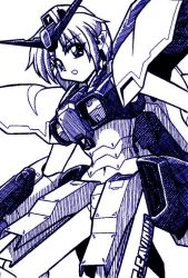 Rule 34 | 1girl, :o, blue eyes, blue hair, close-up, dragon (artist), g-saviour gundam, gundam, gundam g-saviour, ink (medium), mecha musume, monochrome, open mouth, personification, solo, traditional media, v-fin, white background