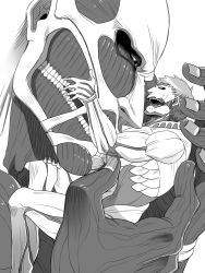 Rule 34 | 2boys, armored titan, bald, carrying, carrying person, colossal titan, feet out of frame, from side, giant, giant male, greyscale, highres, male focus, monochrome, monster boy, multiple boys, shingeki no kyojin, size difference, tanotsuku daisuke, titan (shingeki no kyojin), toned, toned male, yaoi