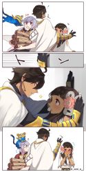 Rule 34 | 1girl, 2boys, blunt bangs, blush, bracelet, brown hair, cape, comic, dark-skinned female, dark-skinned male, dark skin, earrings, egyptian, fate/grand order, fate/prototype, fate/prototype: fragments of blue and silver, fate (series), flower, gauntlets, grey hair, hair flower, hair ornament, highres, jewelry, looking at another, moses (fate), multiple boys, nefertiti (fate/prototype fragments), omi (tyx77pb r2), ozymandias (fate), pink eyes, pink flower, purple hair, silent comic, sweatdrop, white cape