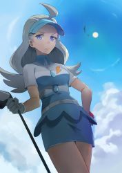Rule 34 | 1girl, bird, blue eyes, blue hair, breasts, closed mouth, cloud, creatures (company), cropped legs, day, elite four, from below, game freak, golf club, hand on own hip, highres, holding, holding golf club, holding poke ball, hsin, kahili (pokemon), long hair, looking at viewer, nintendo, poke ball, pokemon, pokemon sm, shirt, short sleeves, skirt, sky, solo, standing, sun, thighs, visor cap