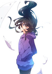 1girl absurdres black_hair black_pants blue_eyes closed_mouth commentary_request floating_hair from_side hands_in_pockets highres hirose_natsuko hood hood_down hoodie long_hair long_sleeves nyaa_(nnekoron) pants paper purple_hoodie simple_background solo white_background zenshuu