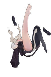 Rule 34 | 1girl, animal ears, barefoot, black footwear, black jacket, boots, unworn boots, breasts, embarrassed, falling, feet, floating hair, grey eyes, grey hair, highres, hololive, jacket, large breasts, lion tail, looking down, open mouth, shishiro botan, shishiro botan (1st costume), single leg pantyhose, sleeves past wrists, snnaol, soles, solo, tail, torn clothes, torn legwear, twintails, virtual youtuber, white background