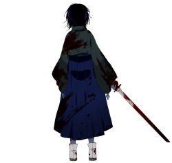 Rule 34 | 1girl, absurdres, blood, blue hakama, from behind, hakama, hakama skirt, highres, japanese clothes, marirero a, short hair, simple background, skirt, solo, source request, sword, transparent background, weapon, white background