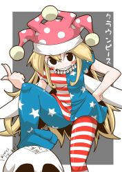 Rule 34 | 1girl, american flag dress, american flag legwear, bare arms, blush stickers, clownpiece, commentary request, dress, fairy wings, grin, hat, index finger raised, jester cap, long hair, looking at viewer, microdress, neck ruff, pantyhose, polka dot, sharp teeth, skull, smile, solo, star (symbol), star print, striped clothes, striped dress, striped pantyhose, teeth, touhou, very long hair, wings, zannen na hito