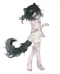 Rule 34 | 1girl, animal ears, animal hands, black eyes, black hair, boots, cat ears, cat girl, cat tail, child, chinese commentary, closed mouth, commentary request, dark-skinned female, dark skin, dress, expressionless, full body, glasses, gloves, hair between eyes, highres, original, paw gloves, paw shoes, pink footwear, pink gloves, pink scarf, scarf, short hair, simple background, sleeveless, sleeveless dress, solo, tail, thigh boots, vihua6, white background, white dress