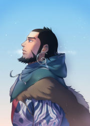 Rule 34 | 1boy, ainu, ainu clothes, beard, black eyes, black hair, earrings, facial hair, foxvulpine, from side, fur collar, golden kamuy, hoop earrings, jewelry, kiroranke, looking to the side, male focus, simple background, snow, solo, upper body, winter clothes