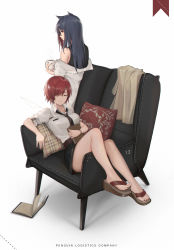 Rule 34 | 2girls, absurdres, animal ears, arknights, armchair, bare legs, bare shoulders, black hair, black neckwear, black shirt, black skirt, book, breasts, brown eyes, chair, cjmy, commentary request, cup, exusiai (arknights), closed eyes, from behind, halo, highres, holding, holding book, holding cup, jacket, long hair, looking at viewer, looking back, miniskirt, mug, multiple girls, nail polish, necktie, off shoulder, pillow, profile, red hair, sandals, shadow, shirt, short hair, short sleeves, simple background, skirt, sleeveless, sleeveless shirt, small breasts, texas (arknights), thighs, toenail polish, toenails, white background, white jacket, white shirt, wolf ears