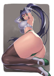 Rule 34 | 1girl, anus, anus peek, arms behind head, ass, bare shoulders, breasts, elbow gloves, gloves, green eyes, green panties, huge ass, large breasts, long hair, looking at viewer, nagase haruhito, open mouth, original, panties, ponytail, purple hair, shoes, solo, thick thighs, thighhighs, thighs, underwear, very long hair, wide hips