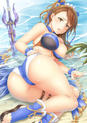 Rule 34 | 10s, ass, beatrix (granblue fantasy), bikini, boots, breasts, brown eyes, brown hair, convenient censoring, granblue fantasy, highres, looking at viewer, looking back, medium breasts, nipple slip, nipples, open mouth, swimsuit, sword, thighs, toeless footwear, twisted torso, water, weapon, wet, yasojima nejiro