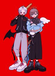 Rule 34 | 2boys, :d, androgynous, angel wings, bandaid, bandaid on face, baseball bat, bat wings, black footwear, black jacket, black pants, black shirt, black wings, blood, bloody weapon, blue eyes, blue jacket, blue nails, boots, brown hair, full body, grey pants, gun, hair ornament, hairclip, halo, handgun, highres, holding, holding stuffed toy, holster, jacket, jacket partially removed, kanae (nijisanji), kuzuha (nijisanji), looking ahead, looking at viewer, low wings, male focus, medium hair, mole, mole under eye, multiple boys, nasi w2, nijisanji, open mouth, over shoulder, pants, red background, red eyes, red nails, revolver, shirt, shoes, simple background, sleeves past wrists, smile, sneakers, sticker on face, stuffed animal, stuffed toy, sweatpants, thigh holster, track jacket, weapon, weapon over shoulder, white footwear, white wings, wings, yellow halo, zipper