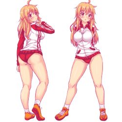 Rule 34 | 1girl, absurdres, ahoge, arm at side, arm up, arms behind back, ass, blonde hair, blush, breasts, buruma, closed mouth, contrapposto, facepaint, full body, gluteal fold, groin, highres, jacket, legs, long hair, long sleeves, medium breasts, multiple views, nottytiffy, open mouth, original, raglan sleeves, red eyes, shiny skin, shoes, simple background, socks, standing, tiffy (nottytiffy), track jacket, white background, zipper