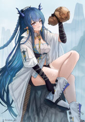 Rule 34 | 1girl, absurdres, arknights, bare legs, black gloves, black shorts, blue hair, boots, braid, cranes (hiroro1), crossed legs, day, detached collar, dragon horns, earrings, elbow gloves, gloves, gourd, grey eyes, highres, holding, horns, jewelry, knee boots, ling (arknights), long hair, looking at viewer, multicolored hair, necktie, outdoors, parted lips, pointy ears, rock, shirt, short shorts, shorts, sitting, smile, solo, streaked hair, twitter username, two-tone hair, very long hair, white footwear, white hair, white shirt, yellow necktie