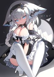 Rule 34 | 1girl, animal ear fluff, animal ears, armband, black dress, blue eyes, bow, braid, breasts, cleavage, dark background, dress, ears down, feet out of frame, fox ears, fox girl, fox tail, framed breasts, gloves, grey hair, hair between eyes, headband, highres, large breasts, light frown, long hair, looking at viewer, low twin braids, maid, mamuru, original, petticoat, playing with own hair, sitting, sleeveless, sleeveless dress, solo, tail, thighhighs, twin braids, white gloves, white thighhighs