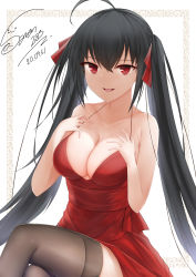 Rule 34 | 1girl, absurdres, ahoge, azur lane, bare shoulders, black hair, breasts, cleavage, cocktail dress, collarbone, dress, hair between eyes, highres, large breasts, long hair, looking at viewer, official alternate costume, open mouth, red dress, red eyes, saran285, sitting, solo, taihou (azur lane), taihou (forbidden feast) (azur lane), twintails, very long hair