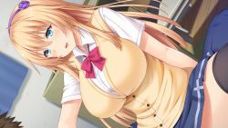 Rule 34 | 1girl, absurdres, blonde hair, blue eyes, blush, breasts, chair, dutch angle, game cg, highres, indoors, kyouno hana, large breasts, legs, light blush, long hair, looking at another, nekonyan, original, parted lips, school uniform, sitting, skirt, smile, solo focus, table, thighhighs, thighs, tonari ni kanojo no iru shiawase ~curious queen~, wooden floor, zettai ryouiki