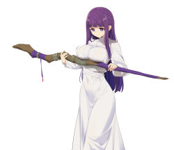 Rule 34 | 1girl, blunt bangs, breast press, breast rest, breasts, carried breast rest, carrying, closed mouth, commentary, covered navel, dress, female focus, fern (sousou no frieren), fingernails, highres, holding, holding staff, large breasts, long hair, long sleeves, mage staff, purple eyes, purple hair, sidelocks, simple background, solo, sousou no frieren, staff, standing, white background, white dress, yd (orange maru)