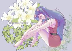 Rule 34 | 1girl, barefoot, belt, blue hair, dress, flower, from side, full body, hands on own legs, jewelry, knees up, long hair, looking at viewer, necklace, okawari-boy starzan s, parted lips, red dress, short dress, short twintails, sitting, sleeveless, sleeveless dress, solo, stargeyser, twintails, yagami jun