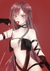 Rule 34 | 1girl, absurdres, arm strap, asa (1asa-0-asa1), bad id, bad pixiv id, bare shoulders, black dress, black gloves, blush, breasts, brown eyes, brown hair, center opening, choker, cleavage, collarbone, dress, earrings, elbow gloves, fang, fate/grand order, fate (series), flower, gloves, highres, jewelry, long hair, medium breasts, mouth hold, multiple earrings, navel, red background, ribbon-trimmed dress, solo, very long hair, yu mei-ren (fate)