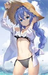 Rule 34 | 1girl, absurdres, ahoge, arm up, bikini, black bikini, blue eyes, blue hair, blue nails, blue sky, braid, breasts, brown hat, cloud, cloudy sky, commentary request, cowboy shot, day, frilled bikini, frills, hair between eyes, hand in own hair, hand on headwear, hand up, hat, highres, long hair, long sleeves, looking at viewer, mushoku tensei, nail polish, navel, ocean, off shoulder, open clothes, open shirt, outdoors, parted lips, roxy migurdia, scottie (phantom2), shirt, side-tie bikini bottom, sky, small breasts, solo, standing, stomach, straw hat, sun hat, swimsuit, very long hair, wading, water, wet, white shirt