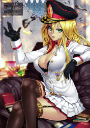 Rule 34 | 1girl, absurdres, augusto jose ramon pinochet ugarte, augusto pinochet, black bra, black gloves, black thighhighs, blonde hair, book, bra, breasts, burnt, chile, choker, cleavage, convenient leg, couch, crossed legs, dictator, female focus, garter straps, genderswap, genderswap (mtf), gloves, green eyes, hat, highres, houtengeki, lace, lace-trimmed bra, lace trim, large breasts, legs, long hair, mc axis, medal, military, military uniform, miniskirt, moire, nazi, open clothes, open shirt, peaked cap, pleated skirt, scan, shiny skin, shirt, sitting, skirt, solo, thighhighs, thighs, translation request, underwear, uniform, zettai ryouiki