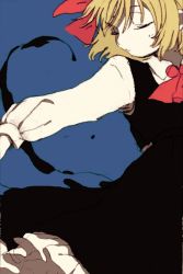 Rule 34 | 1girl, black dress, blonde hair, blue background, commentary, darkness, dress, closed eyes, hair ribbon, ka (marukogedago), outstretched arms, red neckwear, red ribbon, ribbon, rumia, shirt, short hair, solo, touhou, upper body, white shirt