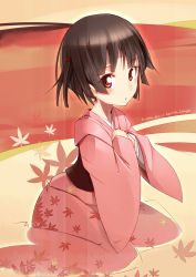 Rule 34 | 1girl, :o, blush, bob cut, brown eyes, brown hair, hands on own chest, highres, ikoku meiro no croisee, japanese clothes, kimono, looking at viewer, obi, pemu, pomon illust, sash, short hair, short twintails, sitting, solo, twintails, wariza, yune (ikoku meiro no croisee)