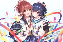 Rule 34 | 2girls, backpack, badge, bag, bandaid, bandaid on face, belt, blue hair, bow, bracelet, commentary request, confetti, dark blue hair, facial mark, hair bow, hair ornament, hairclip, highres, holding hands, idolmaster, idolmaster shiny colors, interlocked fingers, jewelry, komiya kaho, long hair, looking at viewer, medium hair, morino rinze, multiple girls, neck ribbon, open mouth, pleated skirt, ponytail, red eyes, red hair, ribbon, sailor collar, school bag, scrunchie, short hair, skirt, sky cappuccino, sleeves past elbows, white background, wrist scrunchie