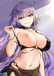 Rule 34 | 1girl, ahoge, bare shoulders, bikini, bikini pull, black bikini, blush, bracelet, braid, breasts, closed mouth, clothes pull, collarbone, fate/grand order, fate (series), heroic spirit festival outfit, jeanne d&#039;arc (fate), jeanne d&#039;arc alter (fate), jeanne d&#039;arc alter (festival outfit) (fate), jewelry, large breasts, long hair, looking at viewer, navel, nipples, o-ring, official alternate costume, one breast out, ooshima aki, sarong, silver hair, smile, solo, swimsuit, very long hair, yellow eyes