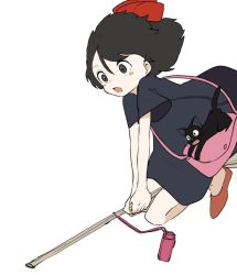 Rule 34 | 1girl, bag, black cat, black dress, black eyes, black hair, blush stickers, bow, bow hairband, broom, broom riding, cat, commentary, ddari, dress, english commentary, hair bow, hairband, holding, jiji (majo no takkyuubin), kiki (majo no takkyuubin), majo no takkyuubin, medium hair, open mouth, pale skin, red bow, red footwear, red hairband, redrawn, shoes, short sleeves, shoulder bag, simple background, solo, white background