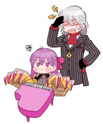 Rule 34 | 1boy, 1girl, anger vein, angry, antonio salieri (fate), antonio salieri (second ascension) (fate), ascot, black gloves, breasts, cleavage, closed eyes, dot nose, facepalm, fate/grand order, fate (series), gloves, grey hair, hair between eyes, instrument, jacket, jewelry, jitome, long hair, mechanical arms, medium breasts, mini piano, o-ring, oneroom-disco, open mouth, passionlip (fate), piano, purple eyes, purple hair, red ascot, ring, see-through, see-through cleavage, shaded face, shirt, squiggle, striped clothes, striped jacket, suit jacket, vertical-striped clothes, vertical-striped jacket, wavy mouth, white background, white shirt