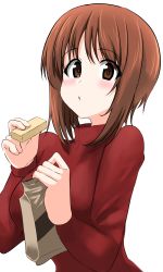 Rule 34 | 1girl, :t, absurdres, aikir (jml5160), bag, blush, brown eyes, brown hair, casual, commentary, eating, field ration, food, girls und panzer, highres, holding, holding bag, holding food, long sleeves, looking at viewer, nishizumi miho, red shirt, shirt, short hair, simple background, solo, upper body, white background